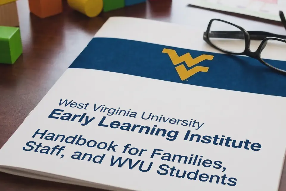 A photo of a booklet on a desk with blocks and glasses and text reading "WVU Early Learning Institute Handbook for Families, Staff and Students"